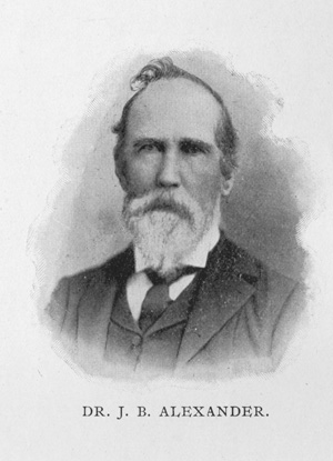 Dr. J. B. Alexander enlisted on 9/16/1861 and served in the 37th Regiment. He was later promoted to Assistant Surgeon then Surgeon, before he resigned on 5/29/1863. Born in Lemley township, Mecklenburg County, he was a descendant of many famous Mecklenburgers, including Alexander Craighead and two Revolutionary War patriots. A graduate of Davidson College and Charleston Medical College, he practiced medicine prior to the war. He authored several publications, owned a drug store in Charlotte, and was active Dr. John Brevard Alexander Photo courtesy of the Robinson-Spangler Carolina Room
