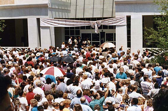 Opening day crowds outside the new building Opening day crowds outside the new building