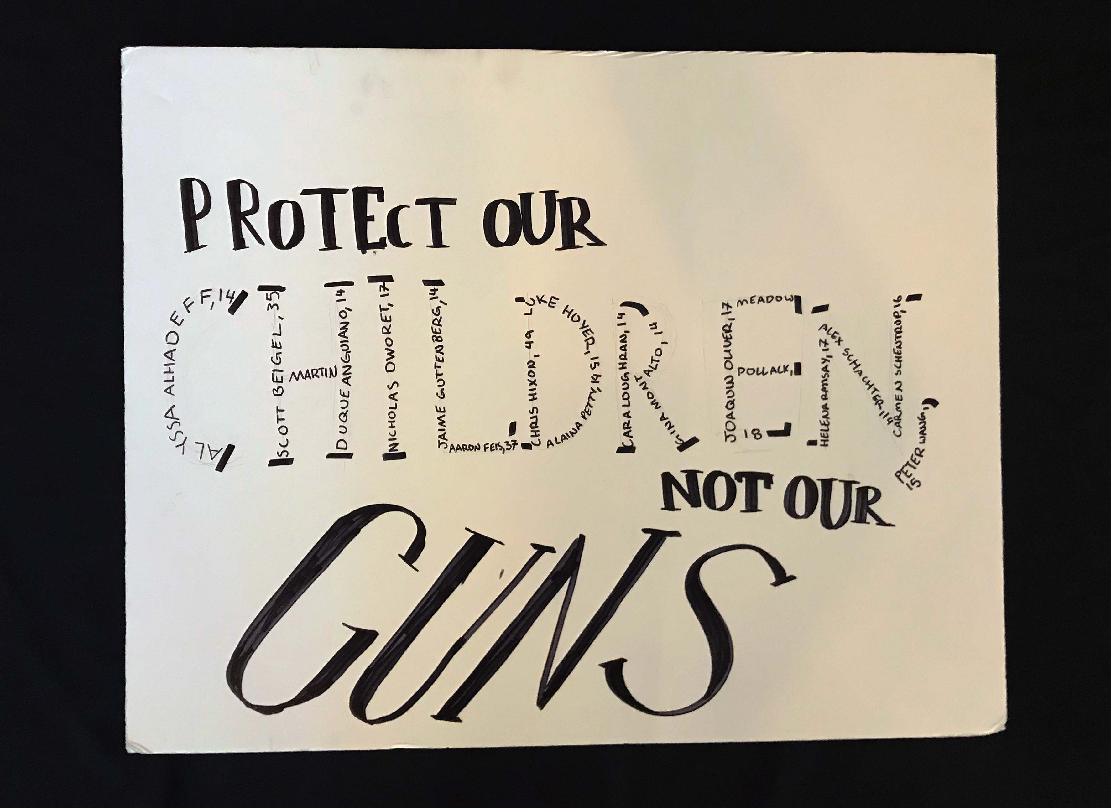 Charlotte March for Our Lives, 2018. Sign reads: "Protect our children, not our guns."