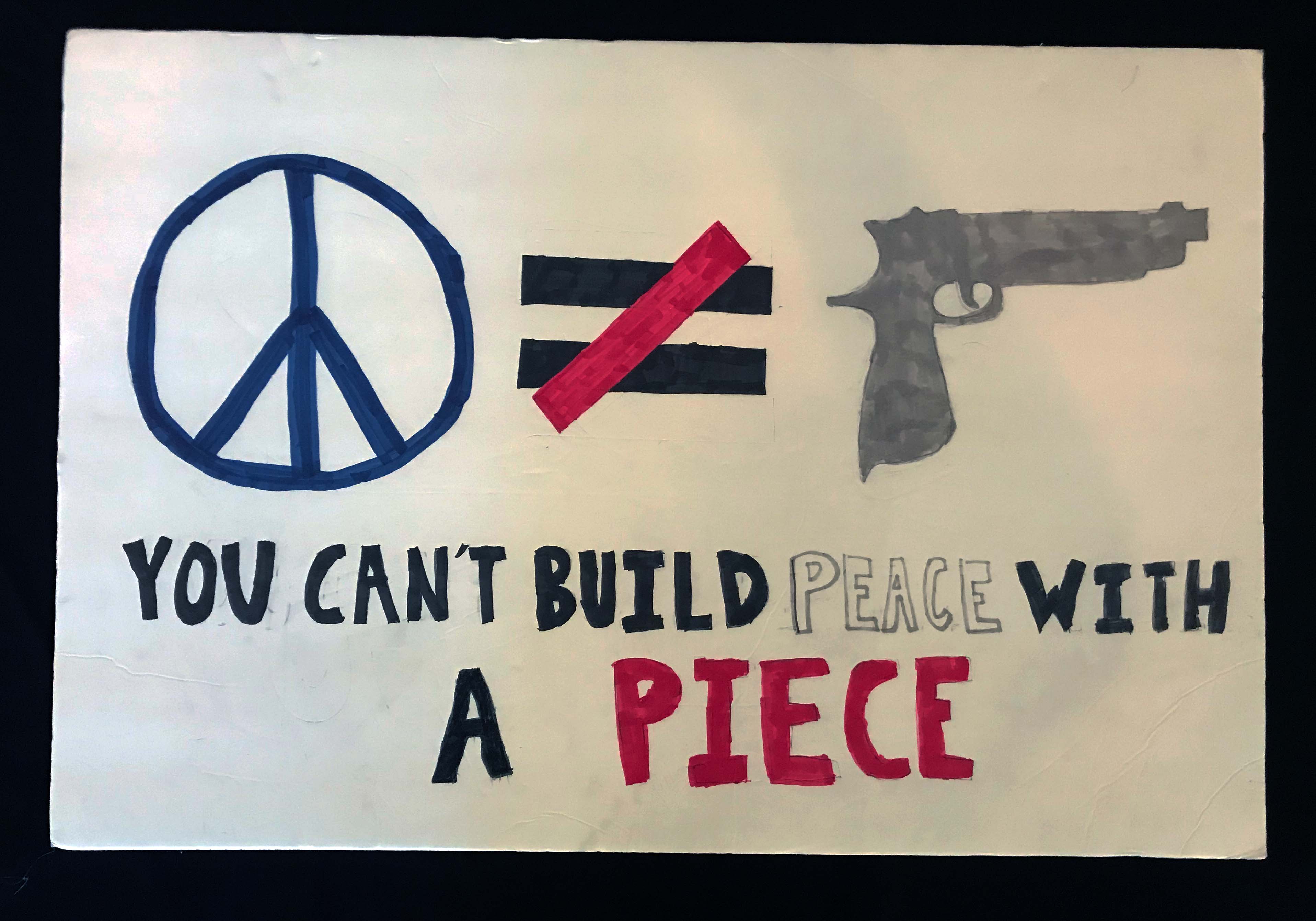 Charlotte March for Our Lives, 2018. Sign reads: "You can't build peace with a piece."
