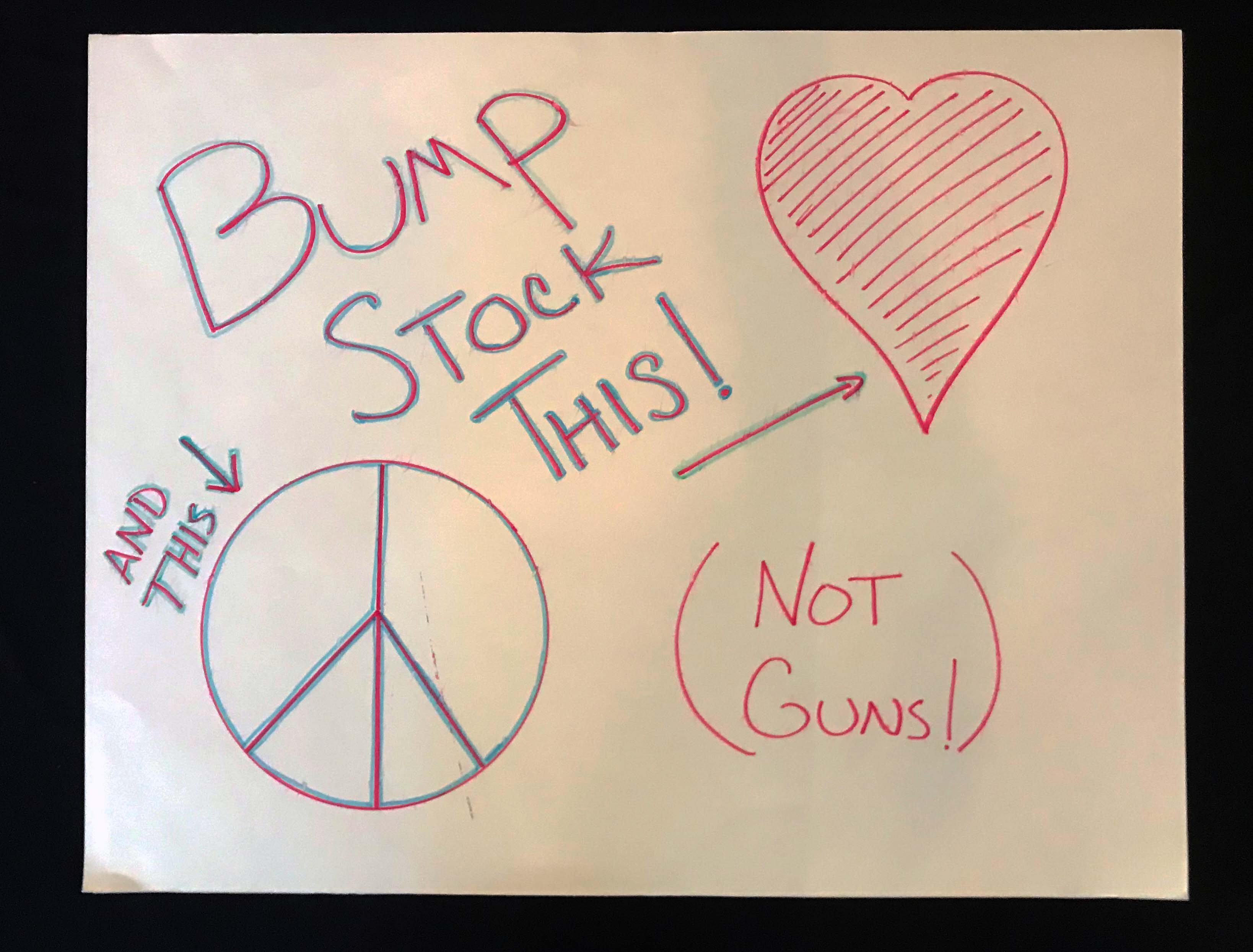Charlotte March for Our Lives, 2018. Sign reads: "Bump stock this [peace sign] and this [heart]! Not guns!"