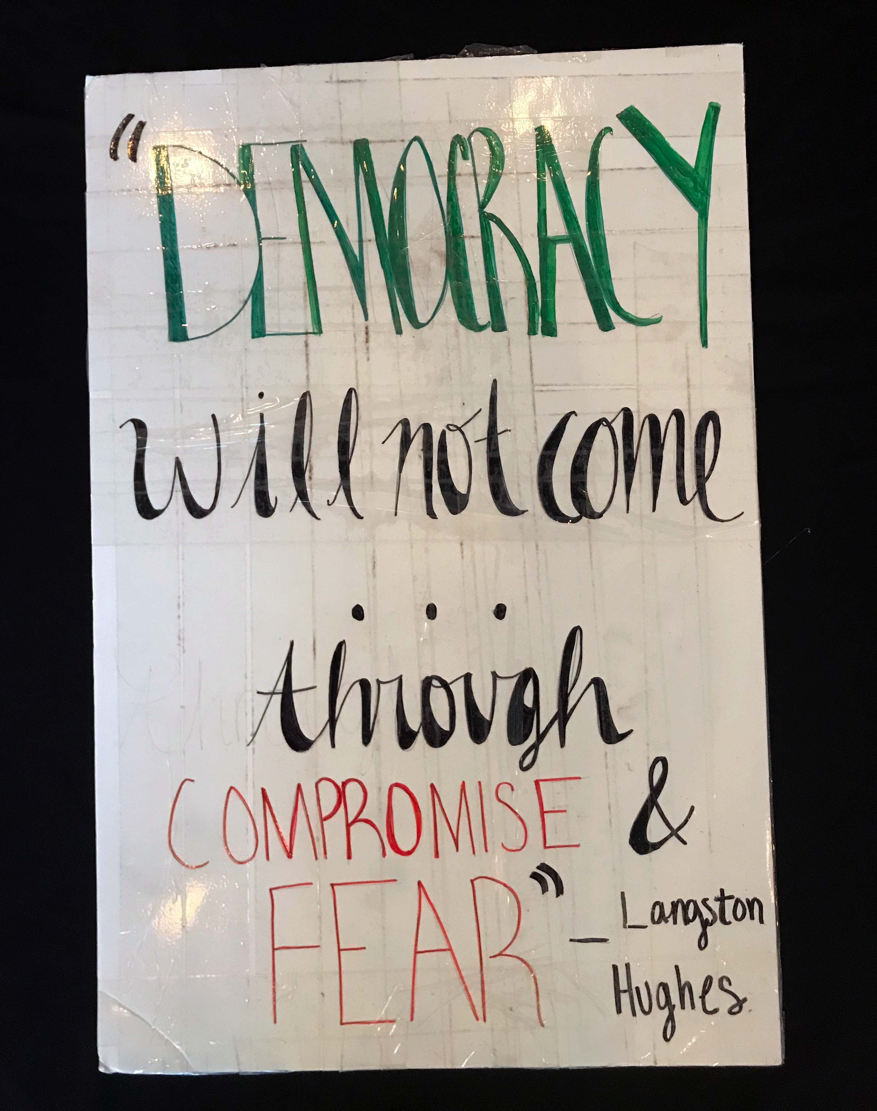 Charlotte March for Our Lives, 2018. Sign reads: "'Democracy will not come through compromise and fear.' - Langston Hughes"