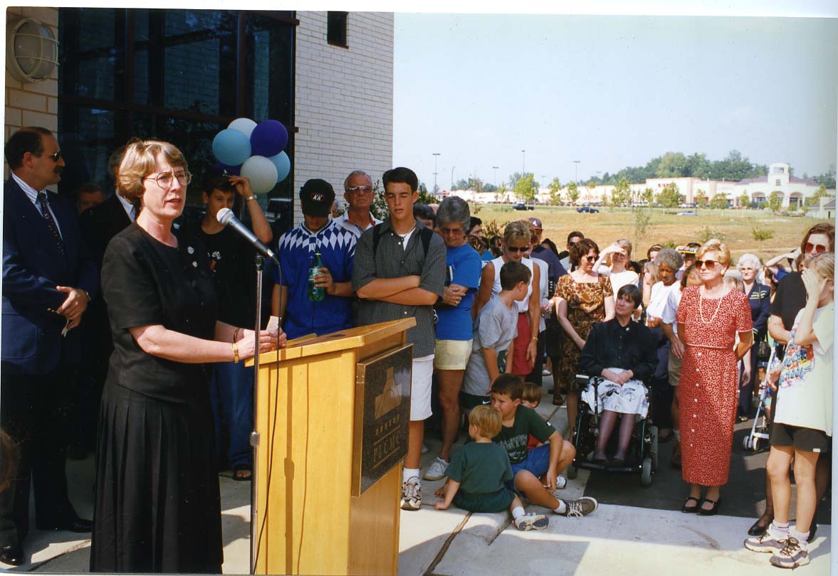 Carol Myers, Chief of Public Services, speaks at North County opening, 1997