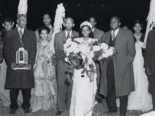 Vermelle Diamond, crowned queen of the Queen City Classic, 1947. The Queen City Classic was the annual football game between rival high schools Second Ward and West Charlotte. Miss Diamond is flanked by J. E. Grigsby, principal of Second Ward and C. L. Blake, principal of West Charlotte. SECOND WARD ALUMNI ASSOCIATION.