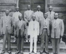Deacon Board of the First Baptist Church, c. 1945. Left to right, front row: James Bratton, Homer Bonner, Porter Connor, Edgar Phillips, the Reverend J. H. Moore. Back row: Ellis Hunter, James Brown, unknown, J. Knight. MILDRED ALRIDGE.