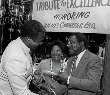 Julius Chambers (right) and wife, Vivian, with Mayor Gantt.