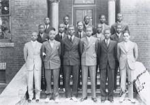 The Dragons, 1935. Left to right, front row: Ed Durham, Albert Phillips, Kelly Alexander, J. B. Lauren, Matthew Lindsay, Bill Lytle. Second Row: Leonard "Chicken" Barksdale, Marco Glenn, Harold McKnight, David Williams, Bill Haygood. Back row: Albert Kennedy, Tom Simmons, Weldon Brown, Johnny Gray, Lovette Warner. THEODORA HENDRY WASHINGTON.