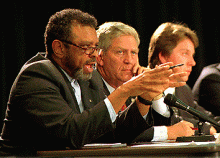 Majeed, left, at Belmont panel meeting with Fountain Odom, right.