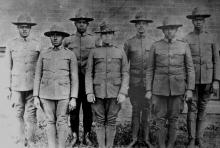 Charlotte doctors who served in the Howard University ROTC, c. 1920. Left to right: W. E. Hill, Russell Lewis, Hobart T. Allen, Lawrence McCrorey, J. N. Seabrooks, R. M. Wyche, Connie Jenkins. CAROLYN WYCHE