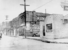 A late 1940s street scene in Brooklyn. Businesses in the 400 block of East 2nd Street included Fred Patton's restaurant, Helms Grocery, Jimmie's Place and the Automatic Cafe. EVA C. HOUSTON.