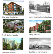 Six postcard views of early Charlotte hospitals