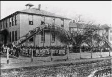 Students on exterior staircase