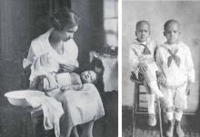 Gertrude Graves McMillan bathing her niece Edwynna Pharr, 1925. GLADYS GRAVES PHARR. Right: A. E. Spears Jr., seated, and Kelly M. Alexander, c. 1921. MRS. KELLY ALEXANDER, SR.