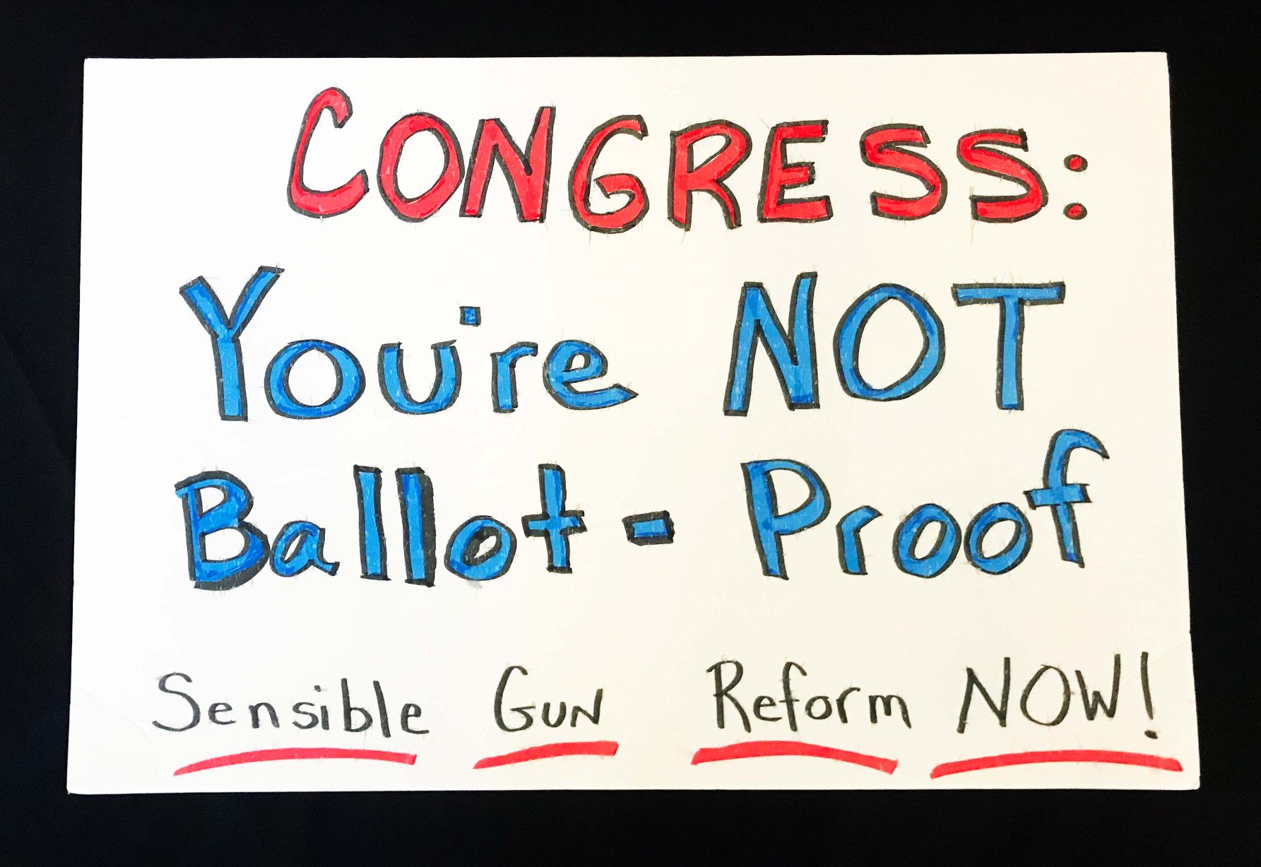 Charlotte March for Our Lives, 2018. Sign reads: "Congress: You're not ballot-proof. Sensible gun reform now!"