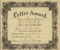 1938 Athletic Letter Certificate